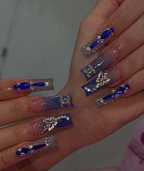 Nails 23, Blue Christmas Nails, Blue And Silver Nails, Royal Blue Nails, Navy Nails, Junk Nails, Navy Blue Nails, 18th Bday, Blue Acrylic Nails