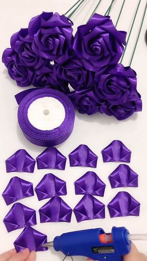 ribbon rose for you #handmade #craft #foryou #DIY #rose #beauty #purple😍🌷🌹🌺🌸😍👍👍 | DIYGlobal | The K Club · Can't Decide (feat. Jacquire King, Stephan Sharp) How Many Petals For A Ribbon Rose, Purple Ribbon Flower Bouquet, Purple Ribbon Flowers, How To Make Flowers From Ribbon, Roban Flower, How To Make A Flower With Ribbon, Purple Ribbon Bouquet, Satin Roses Diy, Ribbon Bouquet Diy