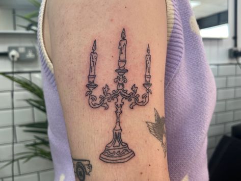 Jenna Allard Tattoo, Dainty Traditional Tattoos, 2023 Piercings, Candelabra Tattoo, Candlestick Tattoo, Pony Tattoo, Chandelier Tattoo, Pixel Tattoo, Tattoo Prints