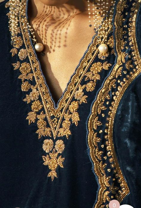 V Neckline Embroidery Designs, Zardosi Sleeve Design, Dabka Embroidery Neck Designs, Zardozi Embroidery Designs Pattern, Velvet Suit Design, Gold Work Embroidery, Velvet Dress Designs, Geometric Fashion, Velvet Dresses