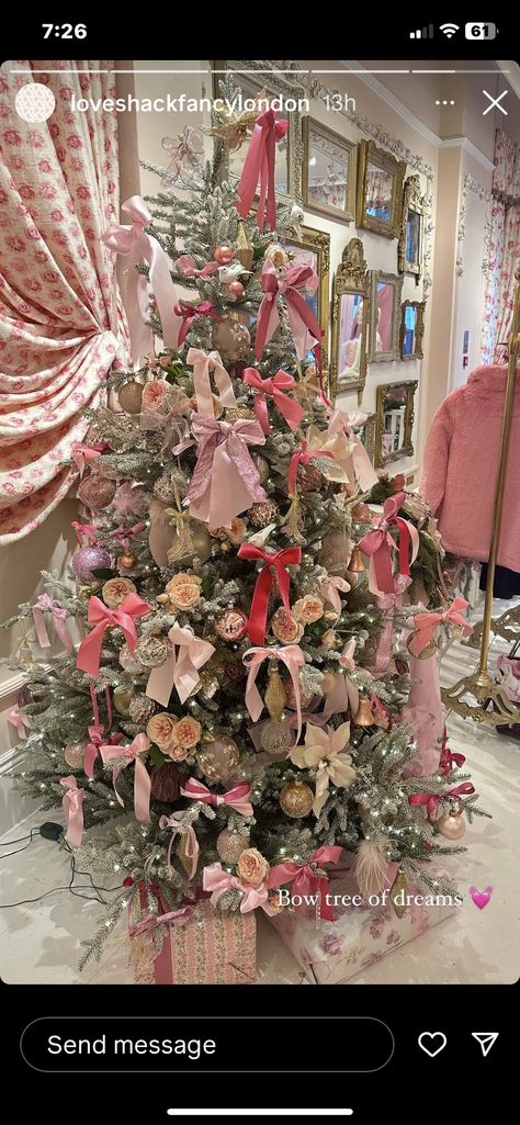 Pink Ribbon Tree, Simple Pink Christmas Tree, Christmas Tree Maximalist, Loveshackfancy Christmas Tree, Love Shack Fancy Christmas Decor, Pink Christmas Front Porch, Pink Tree Decorations Decorating Ideas, Loveshack Fancy Christmas, Colorful Kids Christmas Tree