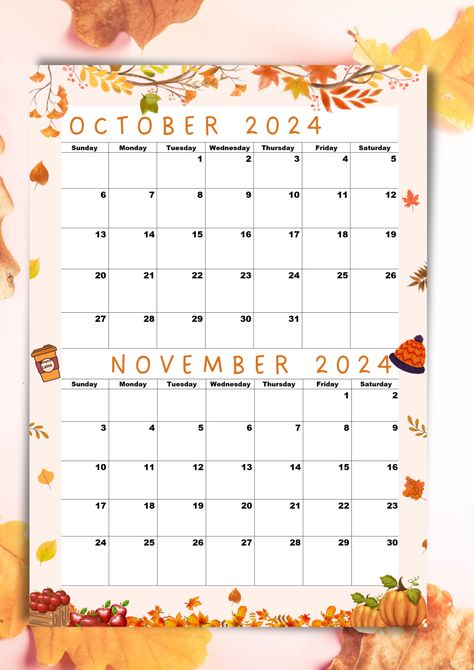 October 2024 Calendar,November 2024 Calendar,Oct 2024 Nov 2024,A4 size,Fall decor,Digital Download Calendar November, November Calendar, Weekly Calendar Planner, Sunday Monday Tuesday, 2024 Calendar, Yearly Calendar, Monthly Planner, A4 Size, Coloring Sheets