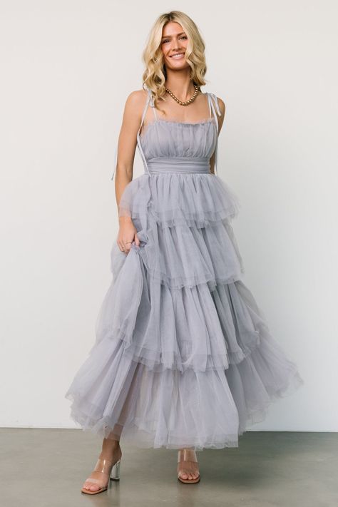 Alora Tulle Tiered Maxi Dress | Dusty Slate - Baltic Born Ethereal Dress, Ruffle Maxi Skirt, Tulle Material, Destination Dress, Tulle Bridesmaid Dress, Baltic Born, Dress Dusty, Straight Neckline, Blue Bridesmaids