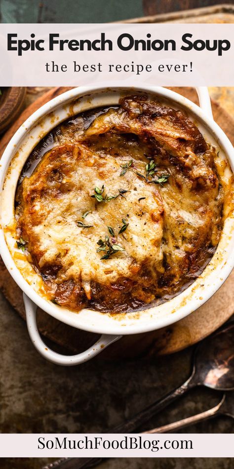 French Onion Soup is without a doubt one of the most comforting and delicious soups out there. If you’ve ever wanted to make restaurant-quality French Onion Soup from scratch, this is your recipe. Soup Lasagna, Homemade French Onion Soup, Best French Onion Soup, So Much Food, French Onion Soup Recipe, Onion Soup Recipes, French Onion Soup, Slow Cooker Soup, Homemade Soup