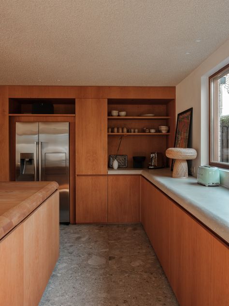 Brooklyn Kitchen Design, 1970s Inspired Kitchen, Concrete Floor In Kitchen, Custom Wall Unit, 1970s Home, Mid Century Kitchen, Eindhoven, Studio Space, House Inspo