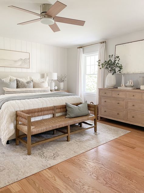 Neutral Modern Master Bed, Bedroom Inspirations Costal, Primary Bedding Ideas, Main Suite Bedrooms, Natural Wood Bedroom Set, Serene Master Bedrooms Decor, Primary Suite Ideas, Neutral Guest Bedroom Ideas, Affordable Bedroom Makeover