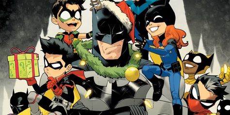 A holiday card variant turns Batman into the DC Universe’s most festive hero as the Bat-Family shares the Christmas spirit by decorating him. Dc Christmas Wallpaper, Damian Wayne Christmas, Dan Mora Red Hood, Batfamily Christmas, Dan Mora Robin, Batman Dan Mora, Dan Mora Batman, Dan Mora, Batman & Robin