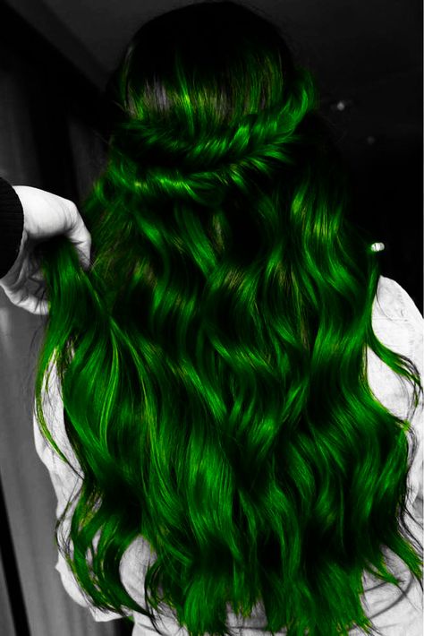 long emerald green hair, edited Jade Green Hair Color, Dark Green Highlights In Brown Hair, Phantom Green Hair, Black To Green Hair, Dark Green Hair Color, Slytherin Hair, Moss Green Hair, Slytherin Oc, Kate Aesthetic