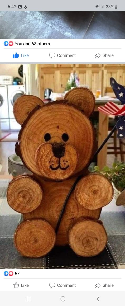 Wooden Christmas Bears, Tree Stump Crafts Wood Slices, Wood Crafts From Tree Logs, Wood Bear Crafts, Wood Slice Animals, Wood Slice Bear, Round Wood Slices Ideas, Diy Bear Decor, Wood Slabs Ideas Tree Slices