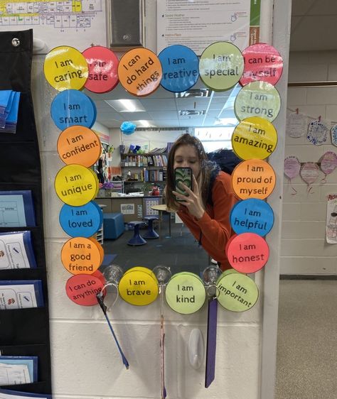 Organisation, Motivation Mirror Classroom, Words Of Affirmation Classroom, I Am Special Mirror Craft, Self Esteem Mirror, Psychology Exhibition Ideas, High School Affirmation Mirror, School Mirror Decorating Ideas, Classroom Mirror Decorations