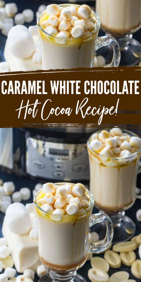 Caramel hot chocolate that is easy and delicious! It is perfect for the cold weather! White Chocolate Hot Cocoa, White Hot Cocoa, Slow Cooker Hot Chocolate Recipe, Recipe With Caramel, Chocolate Coffee Drinks, Slow Cooker Hot Chocolate, Warm Drinks Recipes, Unique Smoothies, White Hot Chocolate Recipe