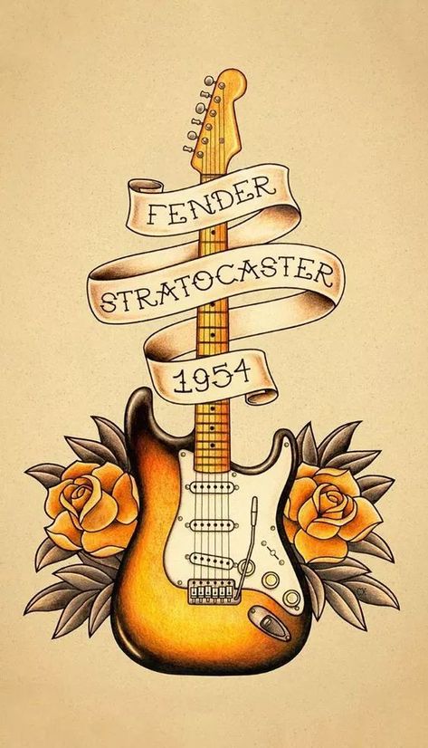 Stratocaster Tattoo, Guitar Tattoos, Tattoo Guitar, Guitar Tattoo Design, Guitar Drawing, Guitar Tattoo, Stratocaster Guitar, Music Drawings, Old School Tattoo Designs