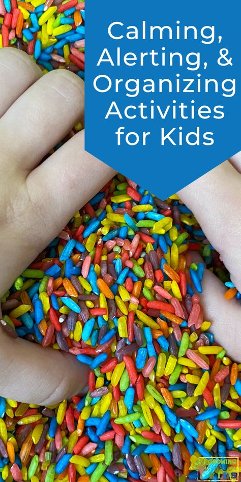 Rainbow colored rice and child's hands playing in the rice. Blue text overlay with white text that says "Calming, Alerting, and organizing activities for kids." Sensory Output Activities, Gross Motor Area In Classroom, Sensory Activities Classroom, Low Registration Sensory Activities, Alert Program Activities, Sensory Circuit Ideas, Sensory Circuit Activities, Sensory Circuits, Proprioception Activities