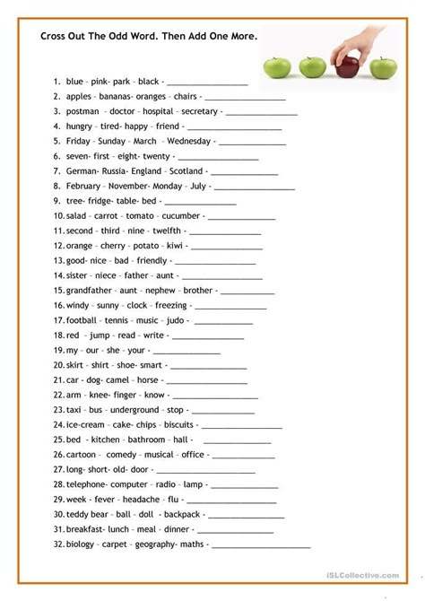 Odd word out - English ESL Worksheets for distance learning and physical classrooms Odd Words, Taal Posters, Basic Vocabulary, English Worksheets For Kids, English Language Teaching, English Lessons For Kids, Vocabulary Worksheets, English Activities, Teaching Jobs