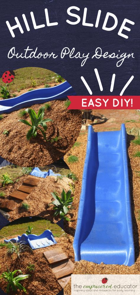 Hill Slide Fun from The Empowered Educator! Add a climbing challenge to your outdoor play area with this simple DIY mound or hill slide. No hardware required and easy to remove when no longer needed! Perfect project for parents, educators and early childhood teachers who value engaging outdoor play spaces! #outdoorplay #diy #outdoorspace #backyard #naturalplay #hillslidefun Hill Slide, Toddler Outdoor Play Area, Toddler Outdoor Play, Natural Play Spaces, Outdoor Kids Play Area, Play Area Backyard, Outdoor Play Spaces, Toddler Outdoor, Outdoor Play Areas