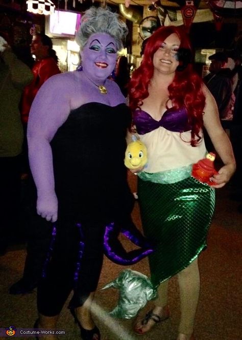 Lisa: This was my first year doing a costume duet, and pretty much nailed it! Lisa is Ursula and Lindsey is Ariel. I used Mehron's purple body paint, jewelry is from... Creative Diy Costumes, Paint Jewelry, Ursula Costume, 2015 Halloween Costumes, Ariel Costumes, Costumes For Couples, Costume Works, Halloween Fairy, Homemade Costumes