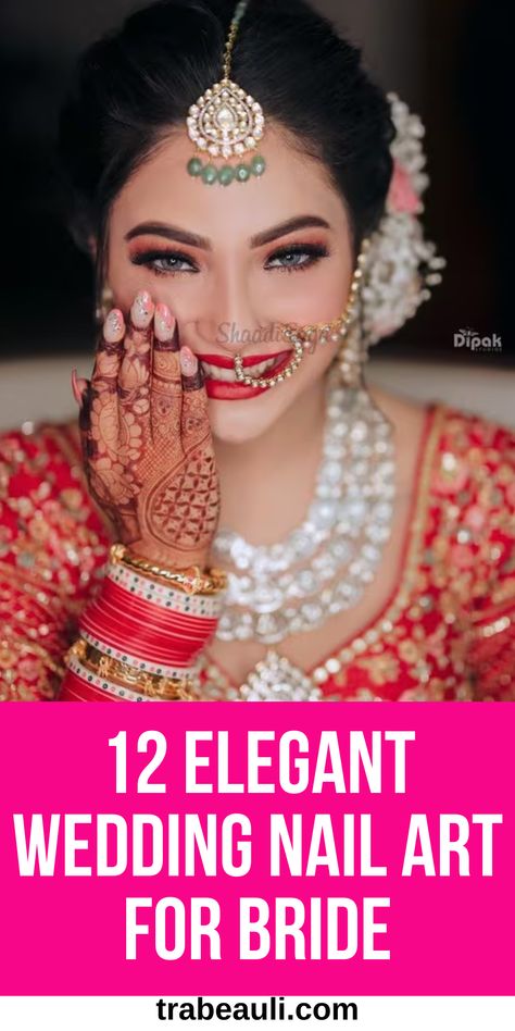 wedding nails for bride Wedding Nails For Bride Red And Gold, December Wedding Nails For Bride, Desi Bridal Nails, Nail Extensions For Bride Indian, Nail Art For Brides Indian, Bride Nails 2024 Trends, Indian Wedding Nails Design, Indian Bridal Nails Designs Brides, Nail Designs For Wedding The Bride