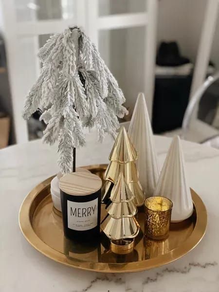 CHIC TALK is sharing this little holiday setup she has in her office and how you can shop this look! From the gold trees, golden plate, and candle shop all this home decor on her LTK page from Target! Golden Plate Decoration, Gold Tray Decor Ideas, Christmas Countertop Decor Ideas, Christmas Countertop, Gold Tray Decor, Target Decor, Golden Plate, Glamorous Decor, Ceramic Tree