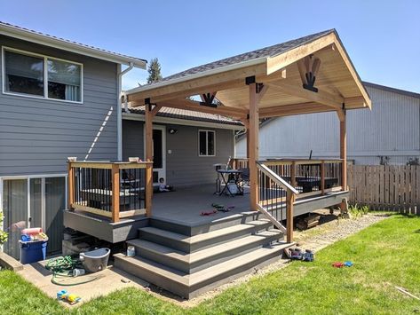 Custom Deck Update and Over Hang Roof - Transitional - Deck - Seattle - by Zia Construction LLC | Houzz Deck Roof Ideas, Deck Roof, Contemporary Backyard, Gazebo On Deck, Deck Remodel, Roof Ideas, Deck Pictures, Rooftop Design, Deck Designs Backyard