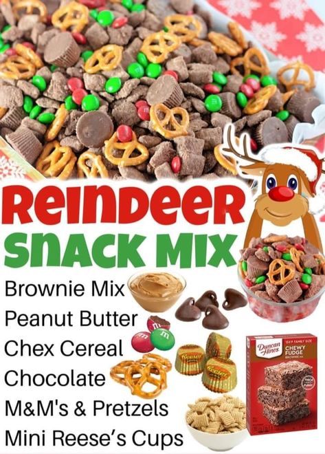 Theresa Causey - Rice Chex cereal – Corn Chex also work... Hot Cocoa Chex Mix Recipe, Reindeer Trail Mix Kids, Christmas Peanut Butter Cups, Kid Friendly Christmas Snacks, Christmas Snack Mixes, Christmas Mix Snack, Holiday Snack Mix Ideas, Chex Mix Recipes Christmas, Christmas Reindeer Food