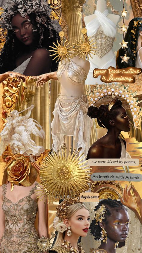 Goddess costume inspo #gold #goddess #golden #baroque #mythology #royalty #sun #book Gold Goddess Makeup, Moon Goddess Costume, Goddess Costume Halloween, Sun Goddess Costume, Golden Prom Dress, Mythology Costumes, Sun And Moon Costume, New Orleans Halloween, Goddess Halloween Costume