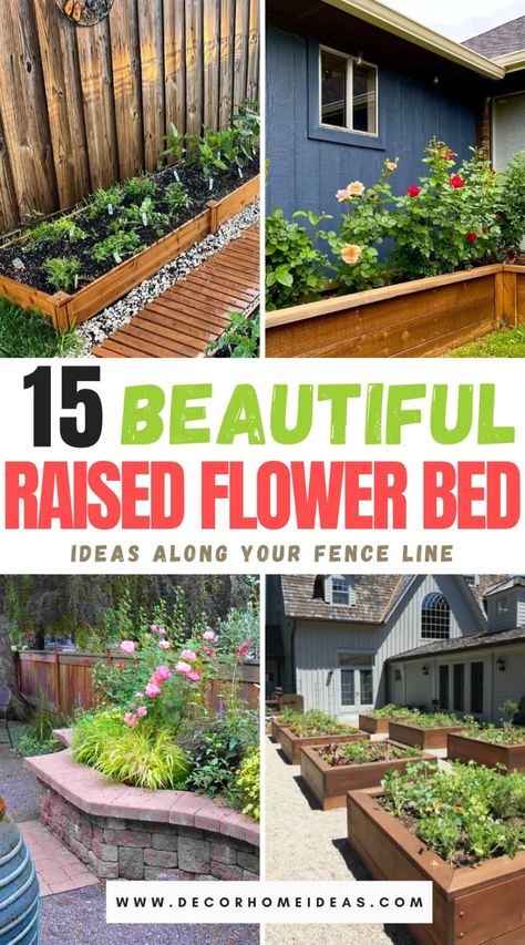 Create a charming garden border with 15 raised flower beds along the fence. These elevated planters not only add visual interest but also provide a practical solution for gardening in limited space, enhancing the beauty of your outdoor area. Raised Flower Bed Ideas, Raised Bed Flower Garden, Raised Flower Bed, Unique Landscaping, Flower Bed Plants, Garden Front Of House, Plants For Raised Beds, Home Garden Ideas, Raised Bed Garden Design