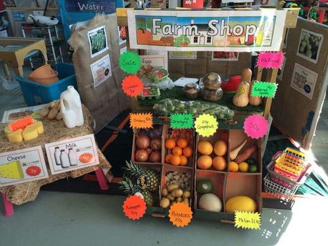 Farm Market Dramatic Play, Fruit And Veg Role Play Eyfs, Farmers Market Role Play, Fruit And Veg Shop Role Play Eyfs, Role Play Shop Ideas, Eyfs Farm Topic, On The Farm Eyfs, Role Play Corner Ideas, Farm Shop Role Play