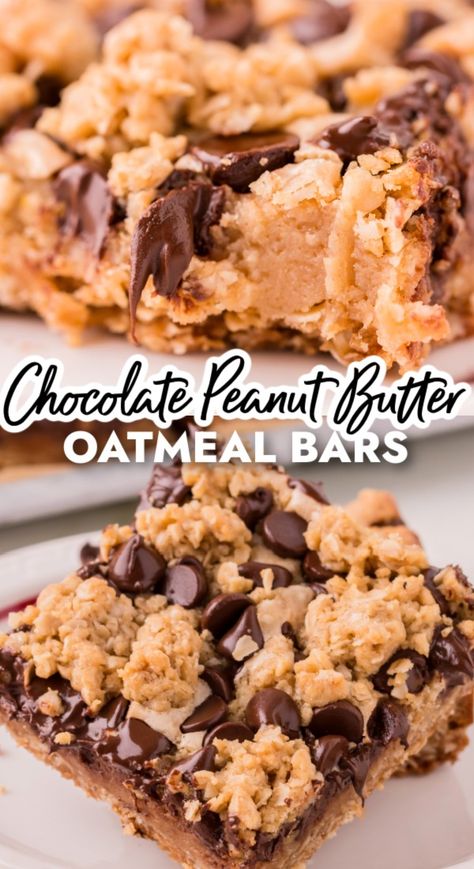 An easy chocolate chip cookie bar recipe with peanut butter fudge sandwiched between an oatmeal cookie crumble layer, aka Oatmeal Dream Bars!