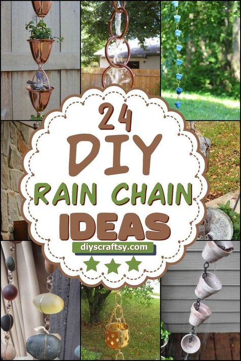 This is a list of 24 DIY Rain Chain Ideas that you can make at your home. Rain chains are really easy to DIY projects that can add a bit of style to your home. #diy #diycraft #diyrainchain #diydecor #diyrainchainideas Musical Rain Chain, Diy Rainchain Ideas, Pottery Rain Chain, Diy Outdoor Suncatcher, Rain Catcher Ideas, Diy Rain Chain Dollar Stores, Rain Chimes Diy, Watering Can Wind Chime, Rain Catcher Chain