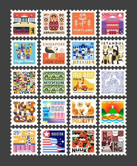 Town Squares on Behance Stamp Inspiration, Poster Graphic Design, Postage Stamp Design, Postage Stamp Art, Travel Stickers, Post Stamp, Graphic Design Studios, Stamp Design, Stamp Collecting