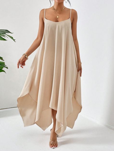 Apricot Casual Collar Sleeveless Woven Fabric Plain Cami Embellished Slight Stretch  Women Clothing Midi Cami Dress, Cami Dress, Apricot, Scoop Neck, Color