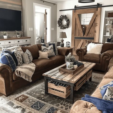 Warm Brown Rustic Living Room with Navy Accents [Room Concept] Navy Brown And Cream Living Room, Western Living Room Brown Couch, Navy And Brown Living Room Ideas, Brown Couch Farmhouse Living Room, Rustic Blue Living Room Farmhouse Style, Family Room Brown Couch, Cognac And Blue Living Room, Navy Farmhouse Living Room, Navy Brown Living Room