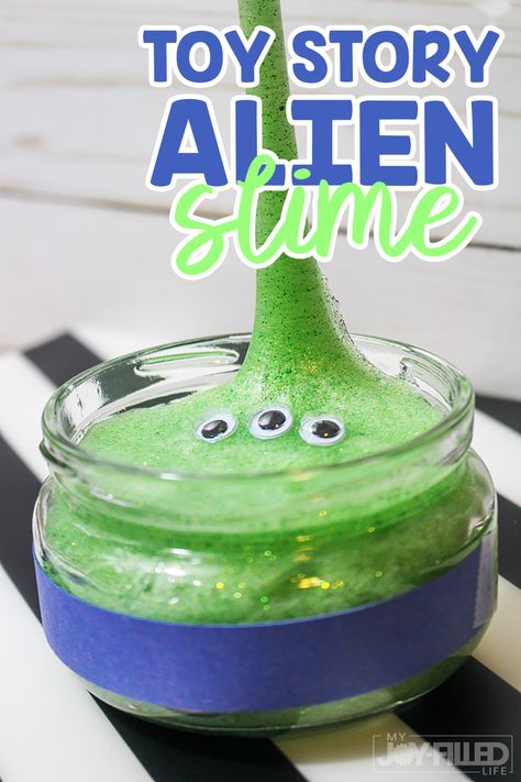 If your kids love Disney's Toy Story, they will love this Toy Story Slime! This green toy story alien slime is not only easy to make but so much fun to play with! #toystory #toystory4 #slime #slimerecipe #toystoryslime Science Activities For Infants, Toy Story Game, Toy Story Crafts, Activities For Infants, Story Crafts, Slime Ideas, Toy Story Movie, Slime Toy, Toy Story Theme