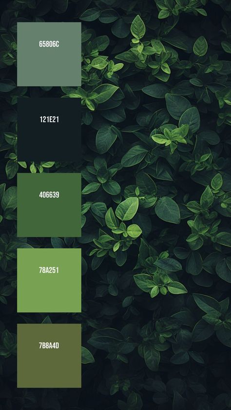 Colors: 65806C ° 121E21 ° 406639 ° 78A251 ° 7B8A4D Leaf Green Pantone, Dark Nature Color Palette, Green Paint Pallet, Green And Black Colour Palette, Gloomy Color Palette, Colors That Go With Green, Shades Of Green Palette, Nature Pallet, Green Colour Pallet