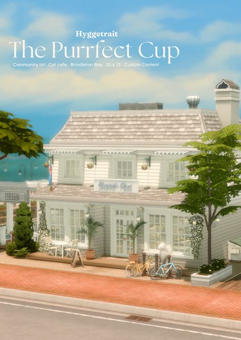 The Purrfect Cup Cat Cafe | Custom Content Build | Patreon Sims4 Cafe Build, Sims4 Cafe Cc, Sims 4 Cat Cafe, Cat Cafe Exterior, Sims 4 Cafe Ideas, Cafe Design Exterior, Sims 4 Cafe Build, Cute Cafe Exterior, Sims 4 Cafe Cc