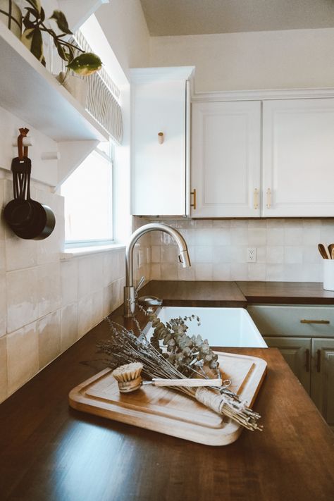 Boho Butcher Block Kitchen, Modern Cottage Core Kitchen Aesthetic, Old House Small Kitchen, Butcher Block Countertops Tile Backsplash, Cottage Core Modern House, Butcher Block And Backsplash, Butcher Block Counters White Cabinets, Cottage Core Modern Kitchen, Boho Kitchen Tile Floor