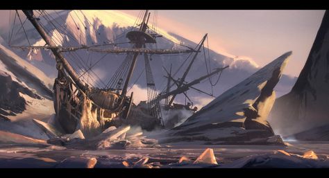 Shipwreck, Nikola Sinitsa on ArtStation at https://www.artstation.com/artwork/55W1z Shipwreck Island, Pirates Cove, Concept Art Tutorial, Pirate Art, World Of Darkness, Fantasy Images, Matte Painting, Shipwreck, Ancient Cultures