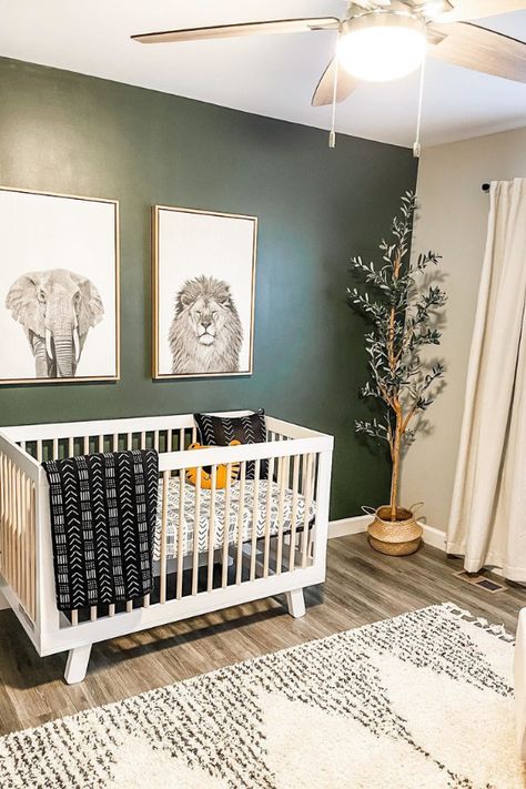 nursery design ideas 2021 (11) Babyletto Crib Nursery Boy, Green And Grey Nursery Ideas, Green Wall Nursery Boy, Hudson Crib Nursery, Rainforest Nursery, Hudson Crib, Green Baby Nursery, Green Nursery Boy, Safari Nursery Boy