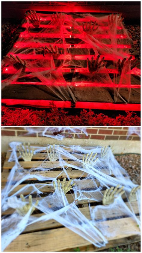 Halloween Skid Decorations, Pallets Halloween Decorations, Diy Night Club Decor Party Ideas, Diy Halloween Decorations Outdoor Pallet, Pallet Zombie Pit, Diy Pallet Halloween Projects, Cheap Outdoor Diy Halloween Decorations, Halloween Diy Pallet Projects, Zombie Halloween Decorations Diy