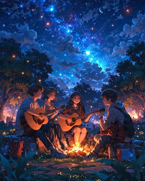 Sitting Around A Campfire Drawing, Campfire Illustration Art, Bonfire Drawing, Friends Illustration Art, Bonfire Illustration, Camp With Friends, Friends Bonfire, Campfire Illustration, Person Animation