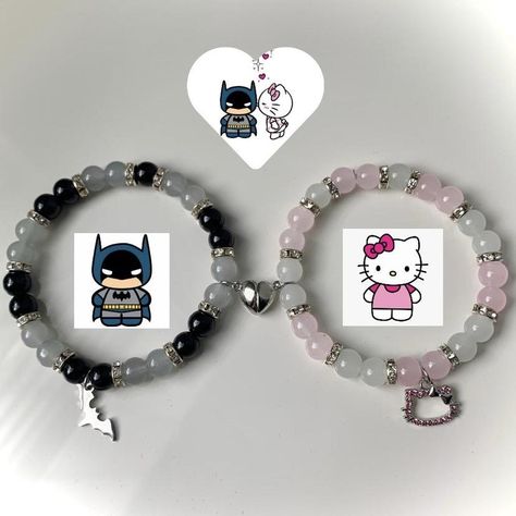 Batman and Hello Kitty bracelets🎀 Matching couple... - Depop Bracelets Matching Couple, Aesthetic Couple Bracelet, Batman And Hello Kitty Bracelets, Matching Hello Kitty Bracelets, Bracelet Matching Couple, Couple Things Matching, Batman And Hello Kitty Matching, Matching Things For Couple, Matching Bracelets For Couples Diy