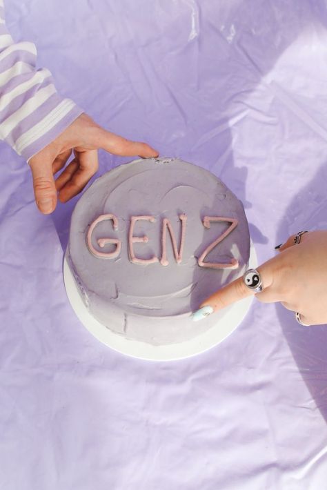 lavender purple violet gen z cake with yin and yang ring and people pointing hands to the cake. #generationz Well Pictures, Purple Cakes, Millennials Generation, Generation Z, Gen Z, Influencer Marketing, Beauty Industry, Yin Yang, Beauty Brand