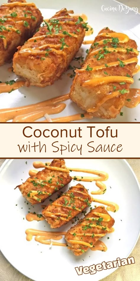 The BEST Coconut Tofu with Spicy Sauce – CUCINADEYUNG Coconut Tofu, Firm Tofu, Tofu Dishes, God Mat, Spicy Sauce, Tofu Recipes, Tempeh, Veg Recipes, Vegan Cooking