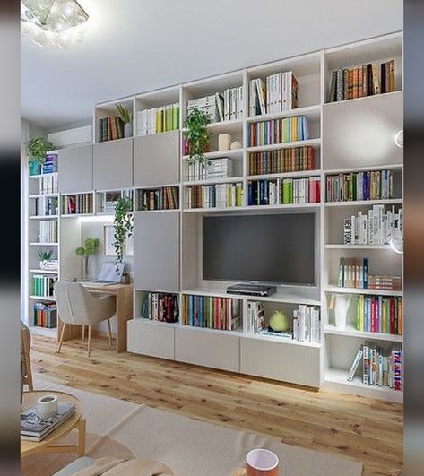 Home Library Rooms, Built In Shelves Living Room, Living Room Wall Units, Living Room Built Ins, Bookshelves In Living Room, Home Library Design, Bookshelf Design, Living Room Shelves, 아파트 인테리어