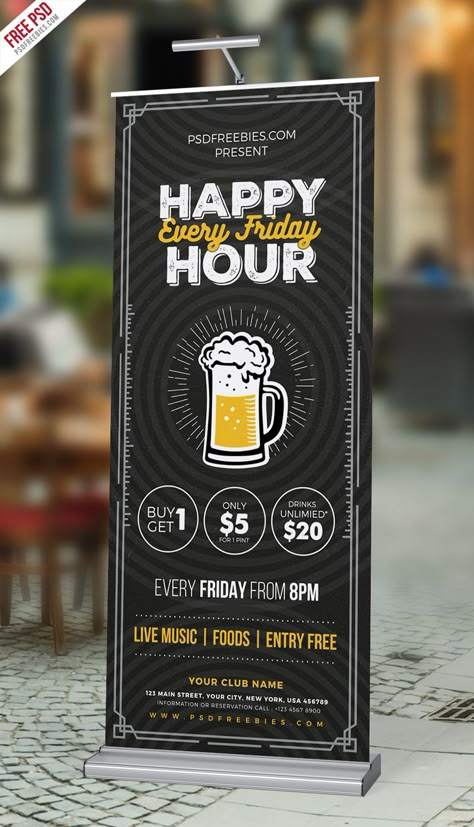 Happy Hour Beer, Standing Banner Design, Rollup Banner Design, Bar Alcohol, Beer Promotion, Bar Banner, X Banner, Roll Banner, Standee Design