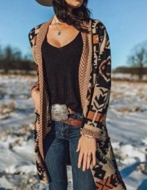 Yellowstone Christmas, Aztec Sweater Cardigan, Black Waist Belt, Hippie Music, Aztec Print Cardigan, Beach Hippie, Native Print, Aztec Cardigan, Oversized Knit Cardigan