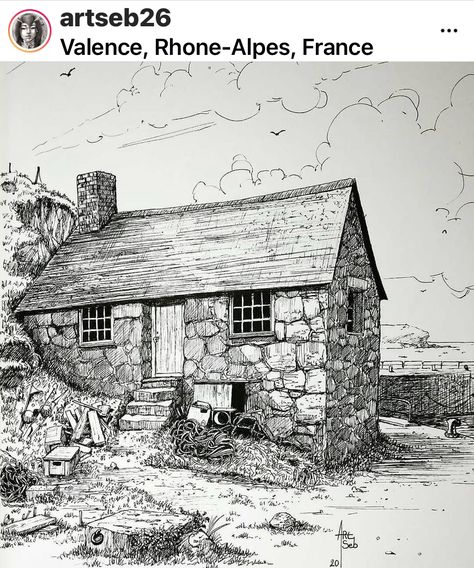 Cottage Drawing, Landscape Pencil Drawings, Fineliner Art, Pen Art Drawings, Landscape Sketch, Cool Pencil Drawings, Perspective Art, Architecture Drawing Art, Stone Cottage