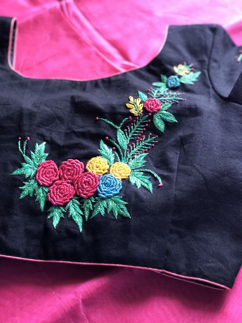 Floral hand embroidery blouse Hand Embroidery Blouse, Hand Embroidery Dress, Blouse Back Neck Designs, Blouse Embroidery, Embroidery On Kurtis, Kurti Embroidery Design, Maggam Work Blouse Designs, Hand Embroidery Videos, Hand Work Embroidery