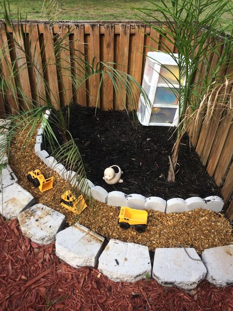 Construction Truck Rock Garden: A Sandbox Alternative Sandbox Alternative, Garden For Kids, Backyard Play Spaces, Outdoor Play Space, Construction Play, Play Area Backyard, Backyard Kids Play Area, Outdoor Play Spaces, Lean And Green