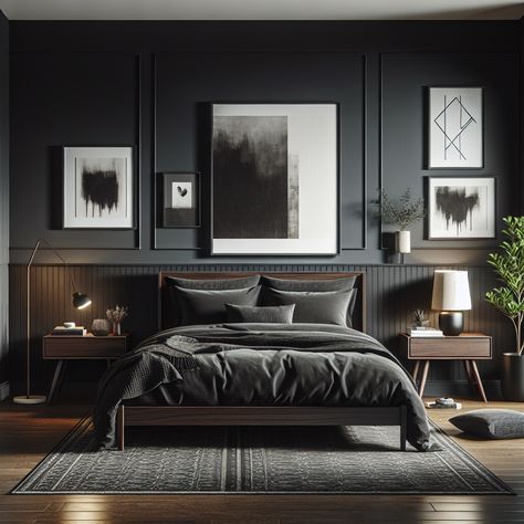 Dark-toned bedroom with modern art and elegant decor. Gray Masculine Bedroom Ideas, Dark Charcoal Bedroom, Dark Wood And Black Bedroom, Bedroom Hotel Style, Grey Brown Bedrooms, Bedroom Dark Wood, Charcoal Bedroom, Dark Gray Bedroom, Dark Grey Rooms